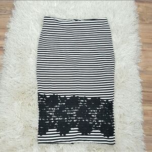 PRIVY Striped Pencil Skirt- Midi Skirt Size Medium Black - White